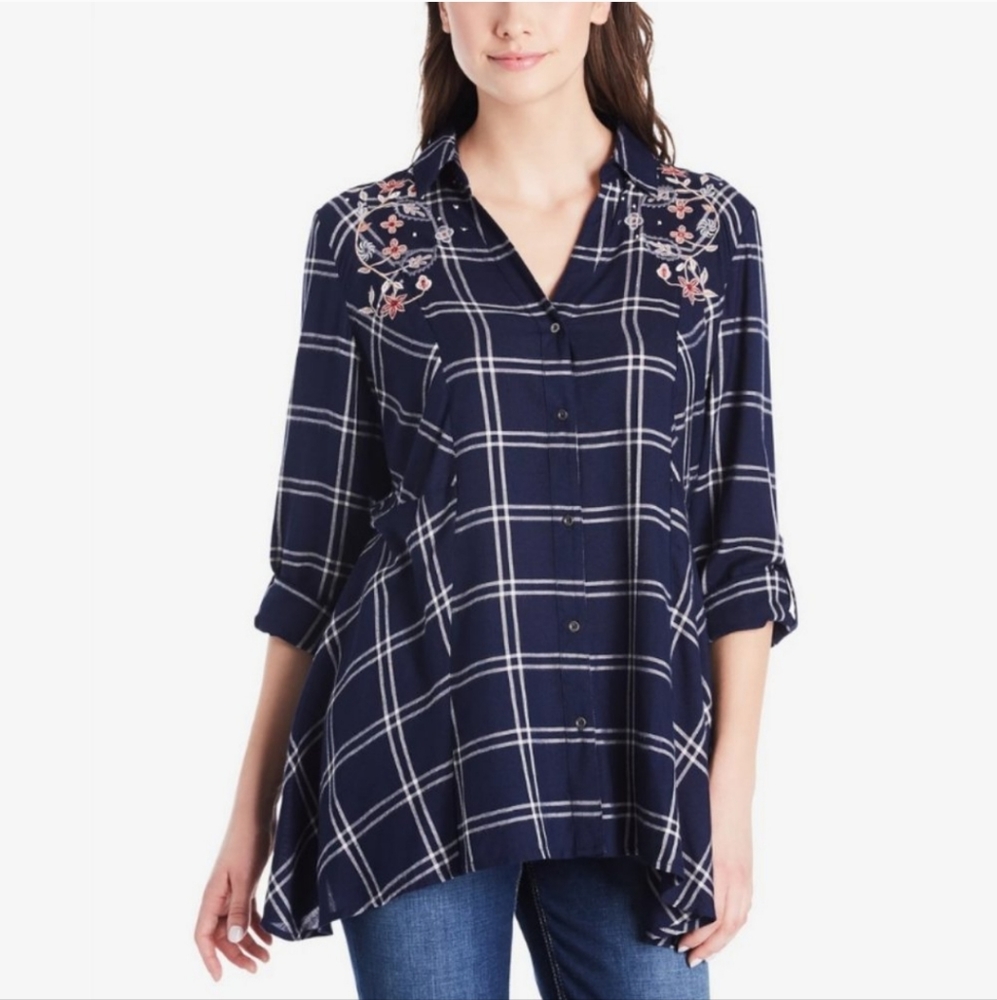Vintage America Blues Ries Embroidered Plaid Shirt‎ Tunic Size Small